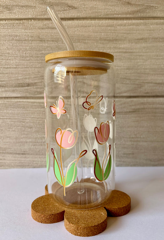 Tulips & Butterflies Iced Coffee Glass Cup