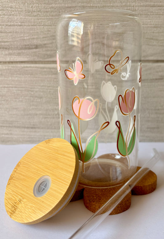 Tulips & Butterflies Iced Coffee Glass Cup